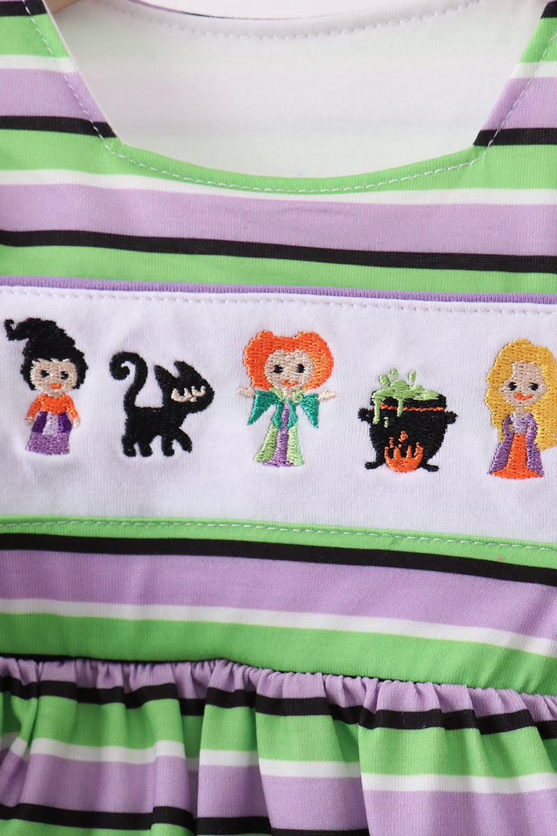 Purple witch embroidery stripe ruffle bloomer set