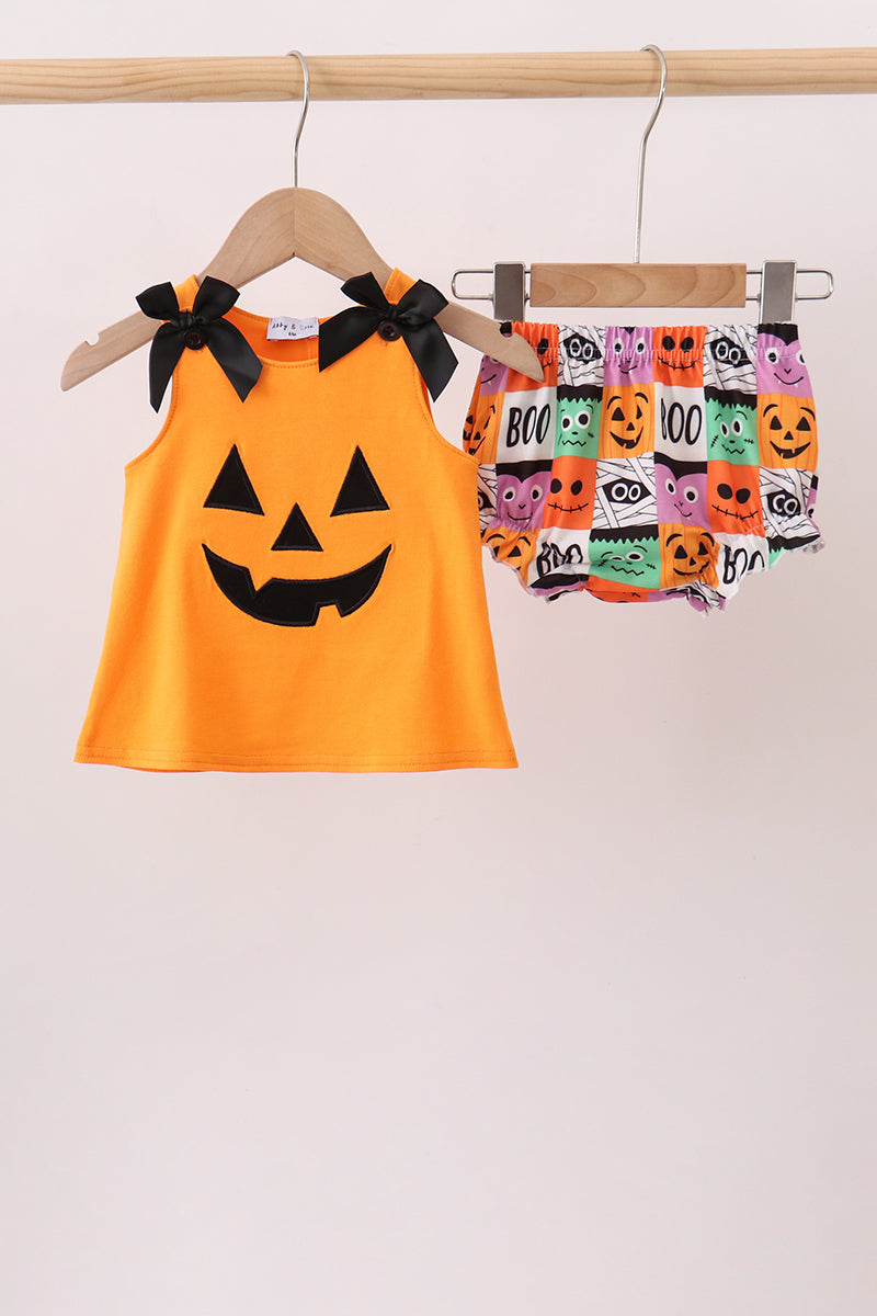 Orange Jack-O-Lantern Applique Bow Bloomer Set