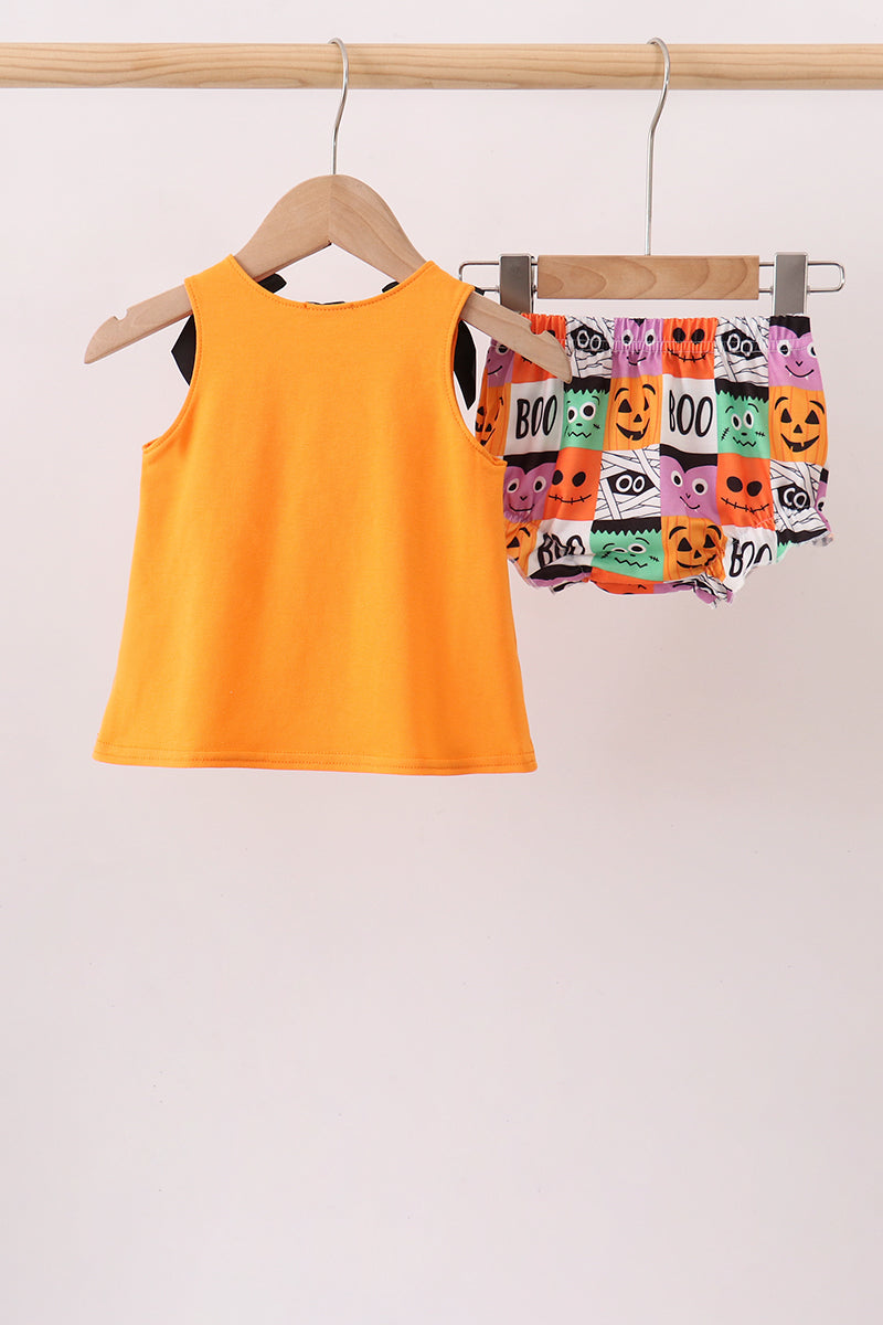 Orange Jack-O-Lantern Applique Bow Bloomer Set