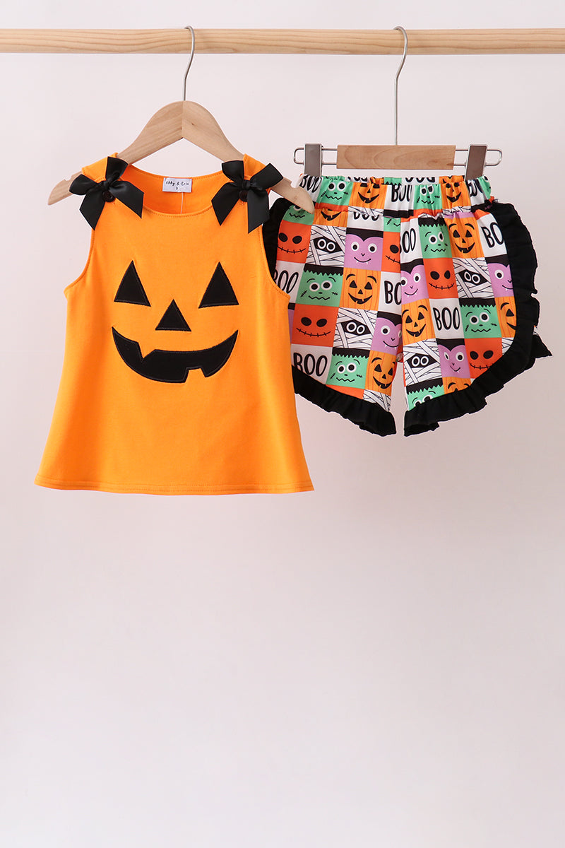 Orange Jack-O-Lantern Applique Ruffle Shorts Set