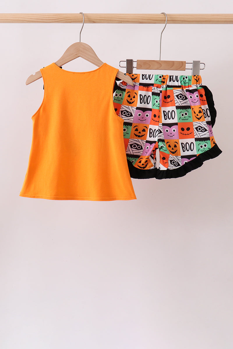 Orange Jack-O-Lantern Applique Ruffle Shorts Set
