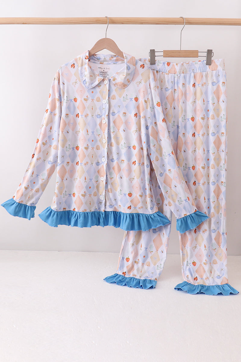 Blue Chicken Bow Bamboo Mom Pajama Pants Set