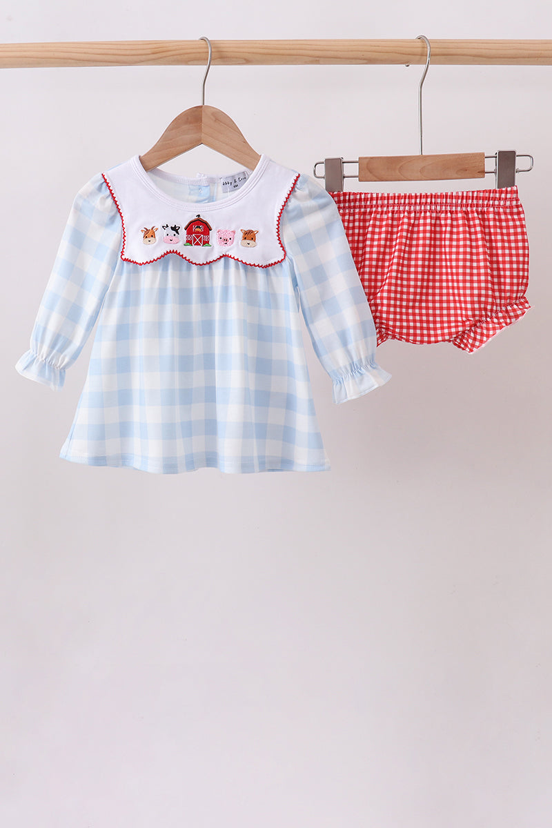 Blue Farm Embroidery Gingham Bloomer Set