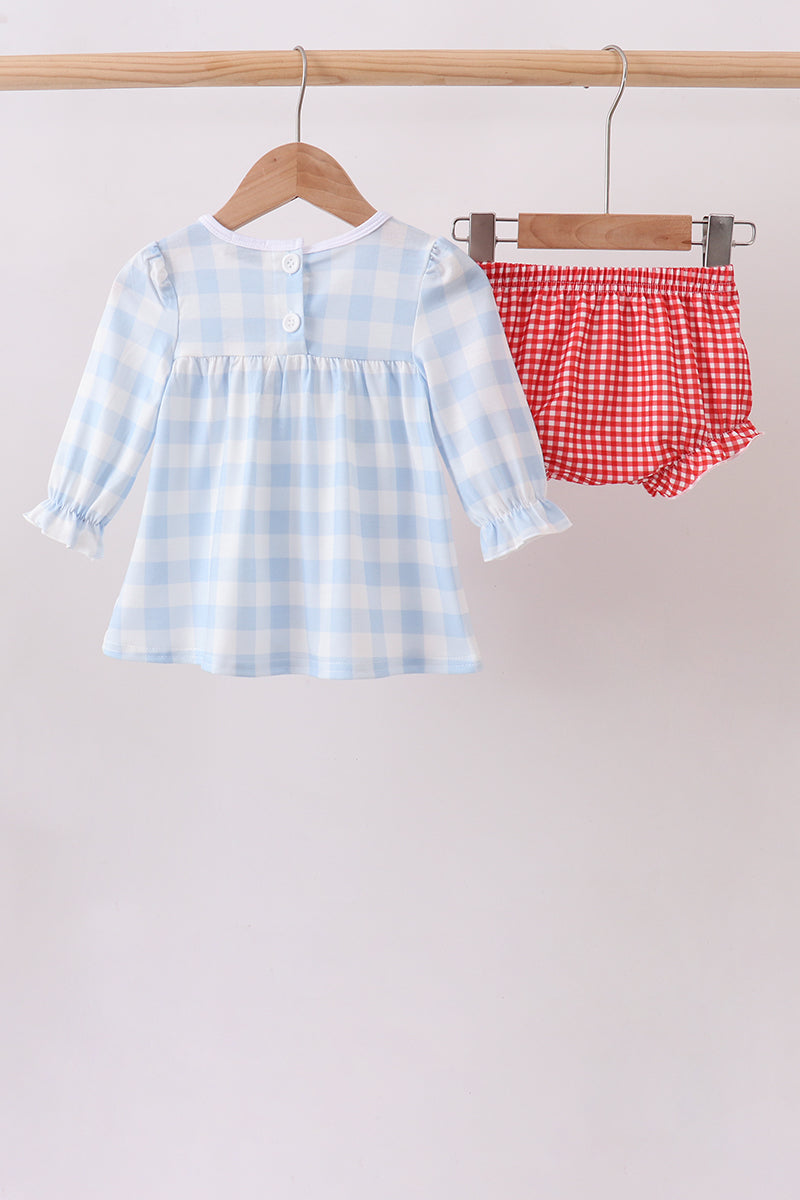 Blue Farm Embroidery Gingham Bloomer Set