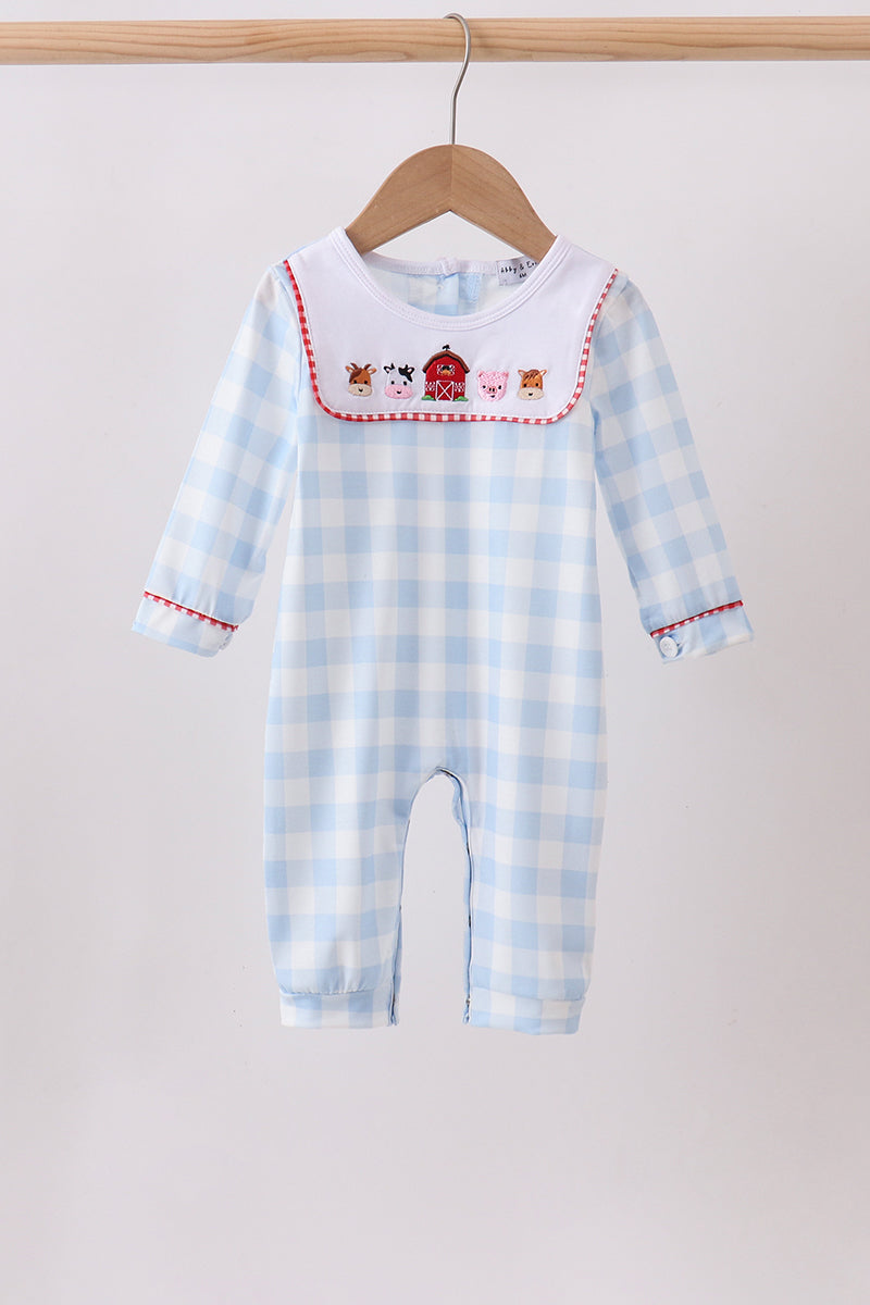 Blue Farm Embroidery Gingham Romper