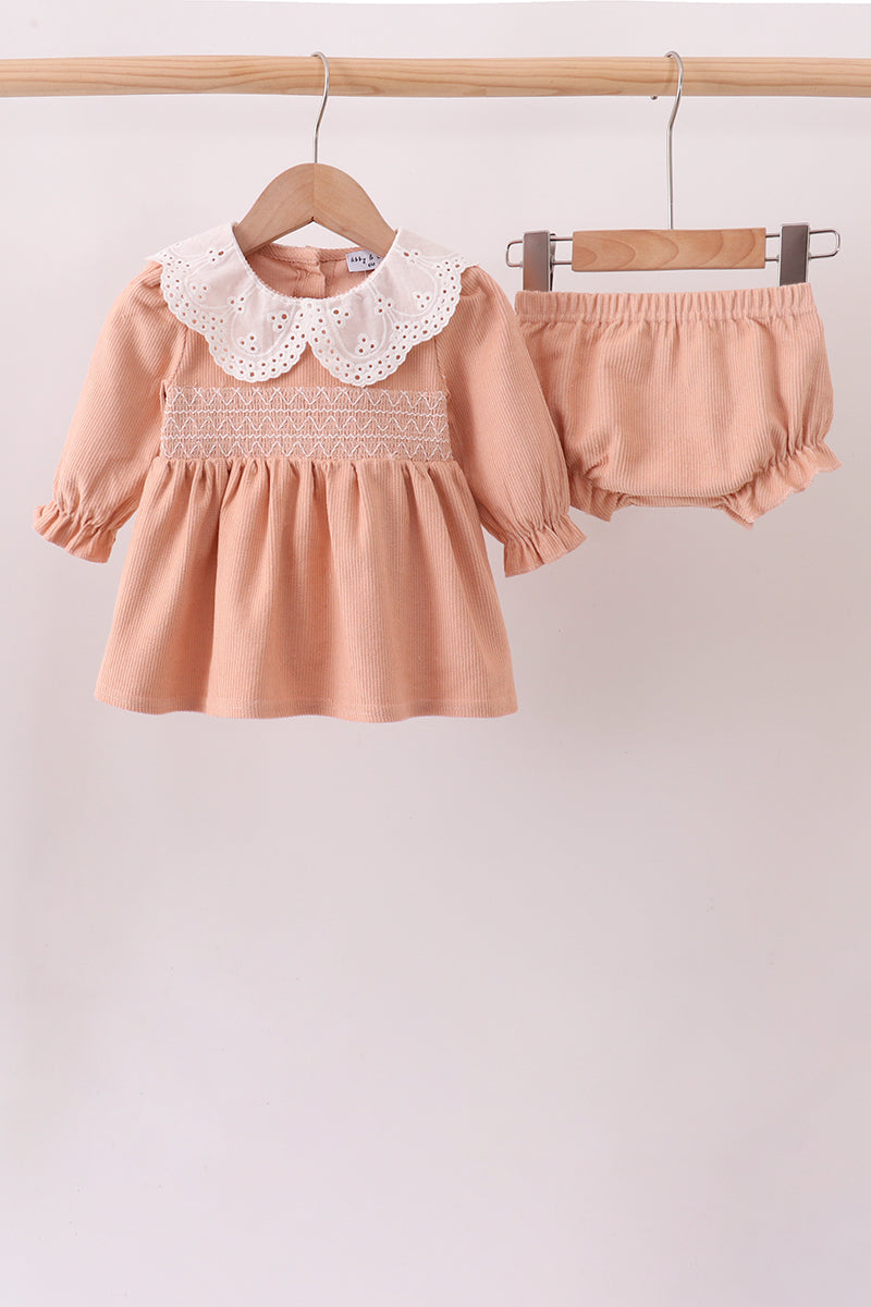 Coral Corduroy Smocked Bloomer Set