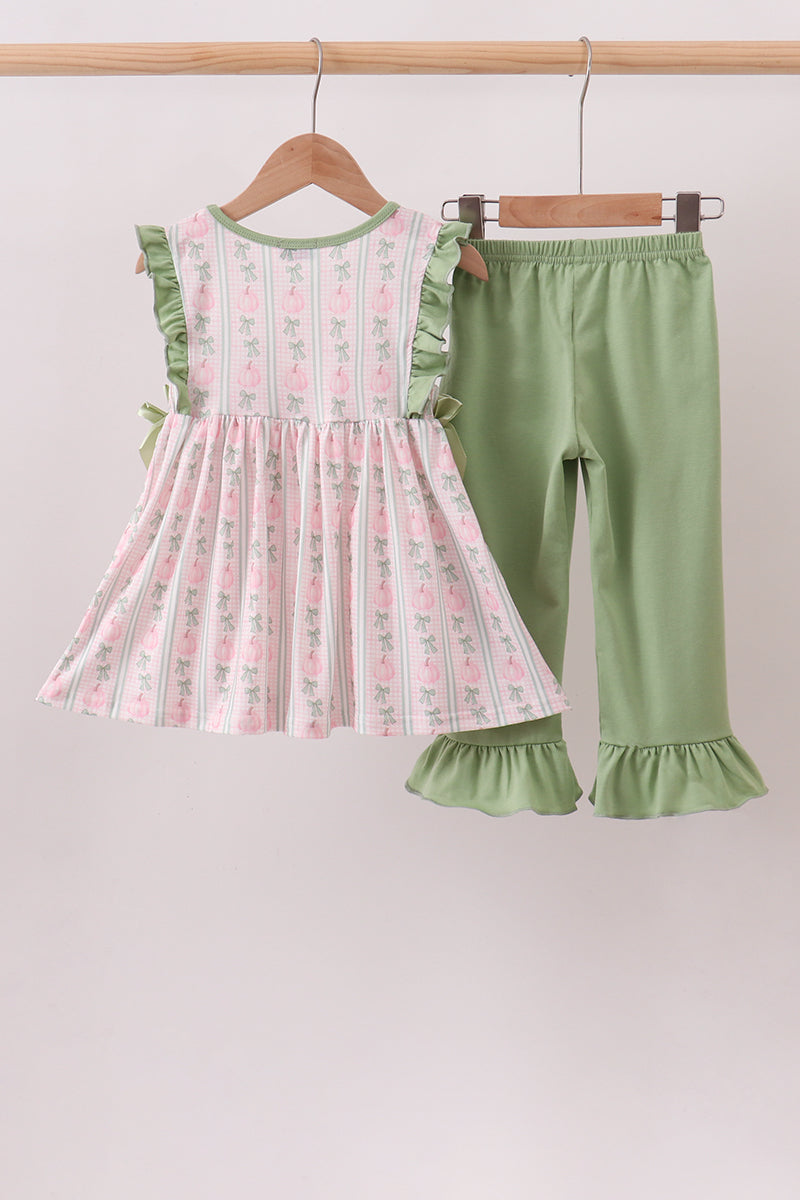 Sage Pumpkin Bow Embroidery Ruffle Pants Set