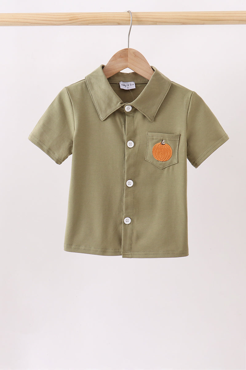 Camel Pumpkin Embroidery Button Down Shirt