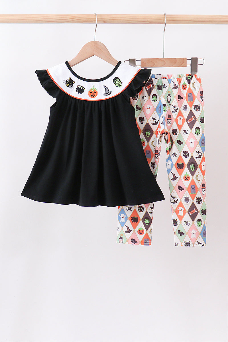 Black Pumpkin Ghost Embroidery Pants Set