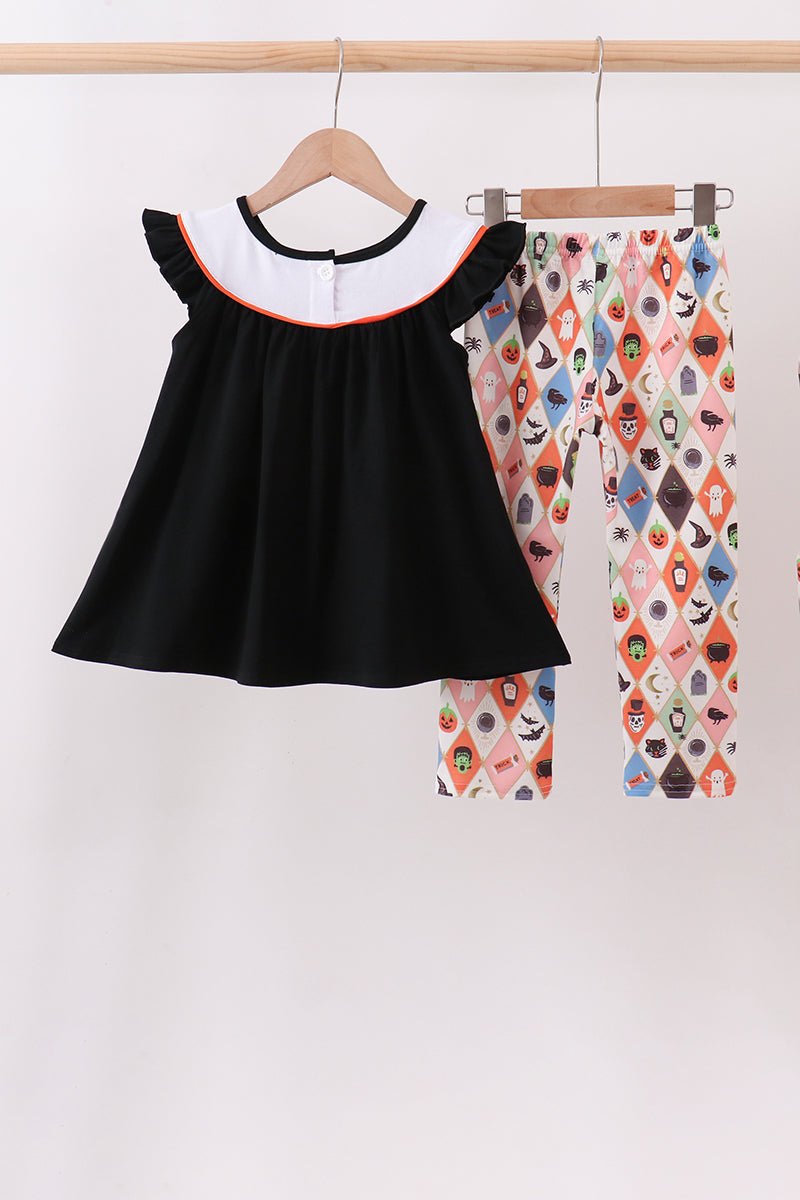 Black Pumpkin Ghost Embroidery Pants Set