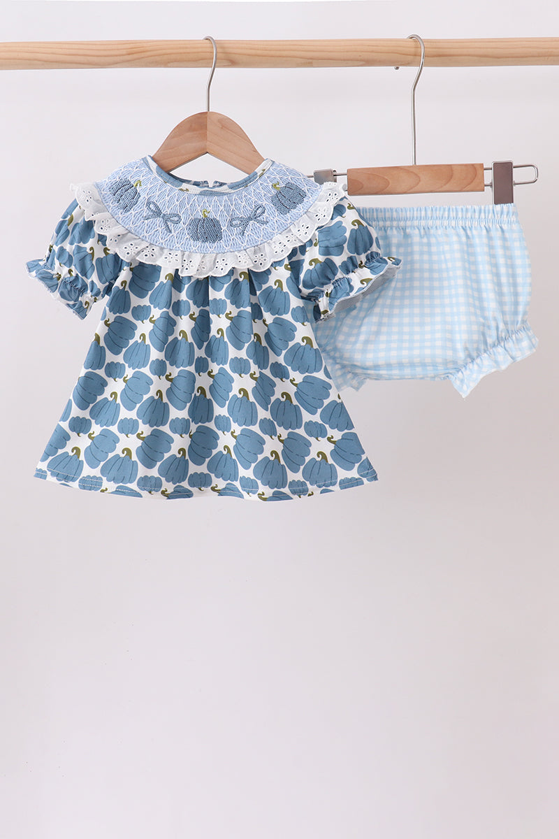 Blue pumpkin bow smocked lace bloomer set