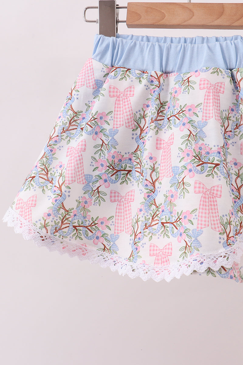 Blue Bow Lace Skorts Set