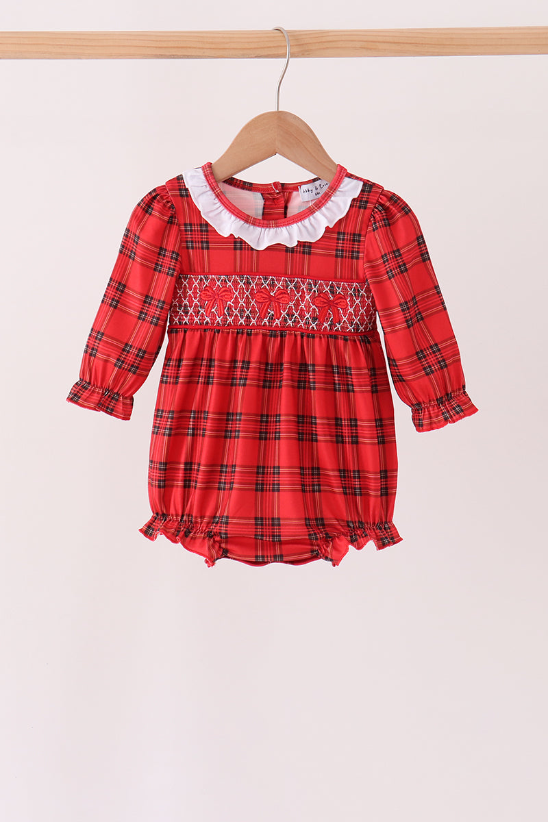 Red Plaid Bow Smocked Ruffe Bubble