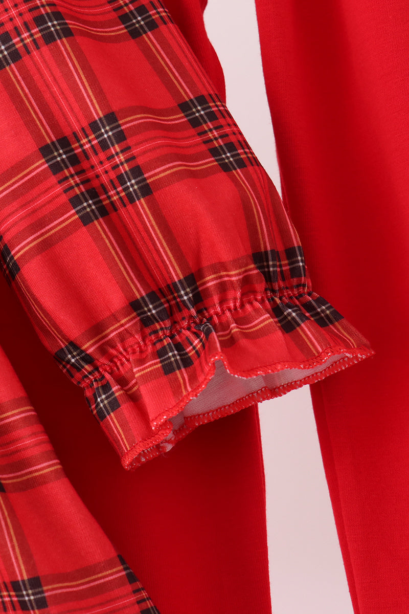 Red Plaid Bow Smocked Ruffle Pants Set