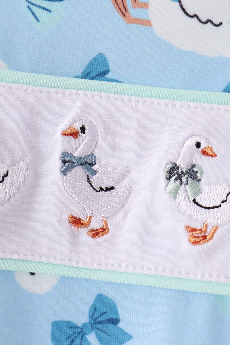 Blue goose bow embroidery ruffle romper