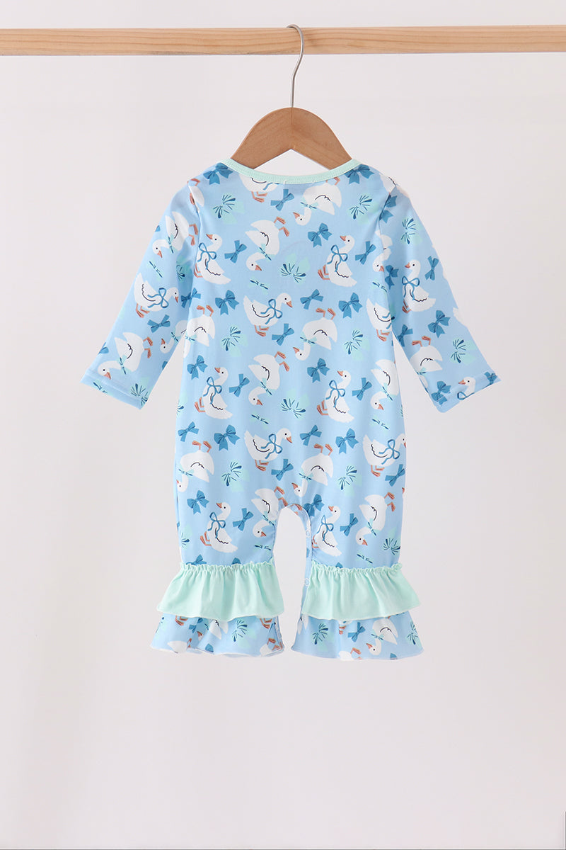 Blue goose bow embroidery ruffle romper