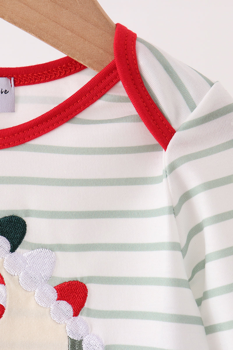 Red gingerbread house applique stripe ruffle romper