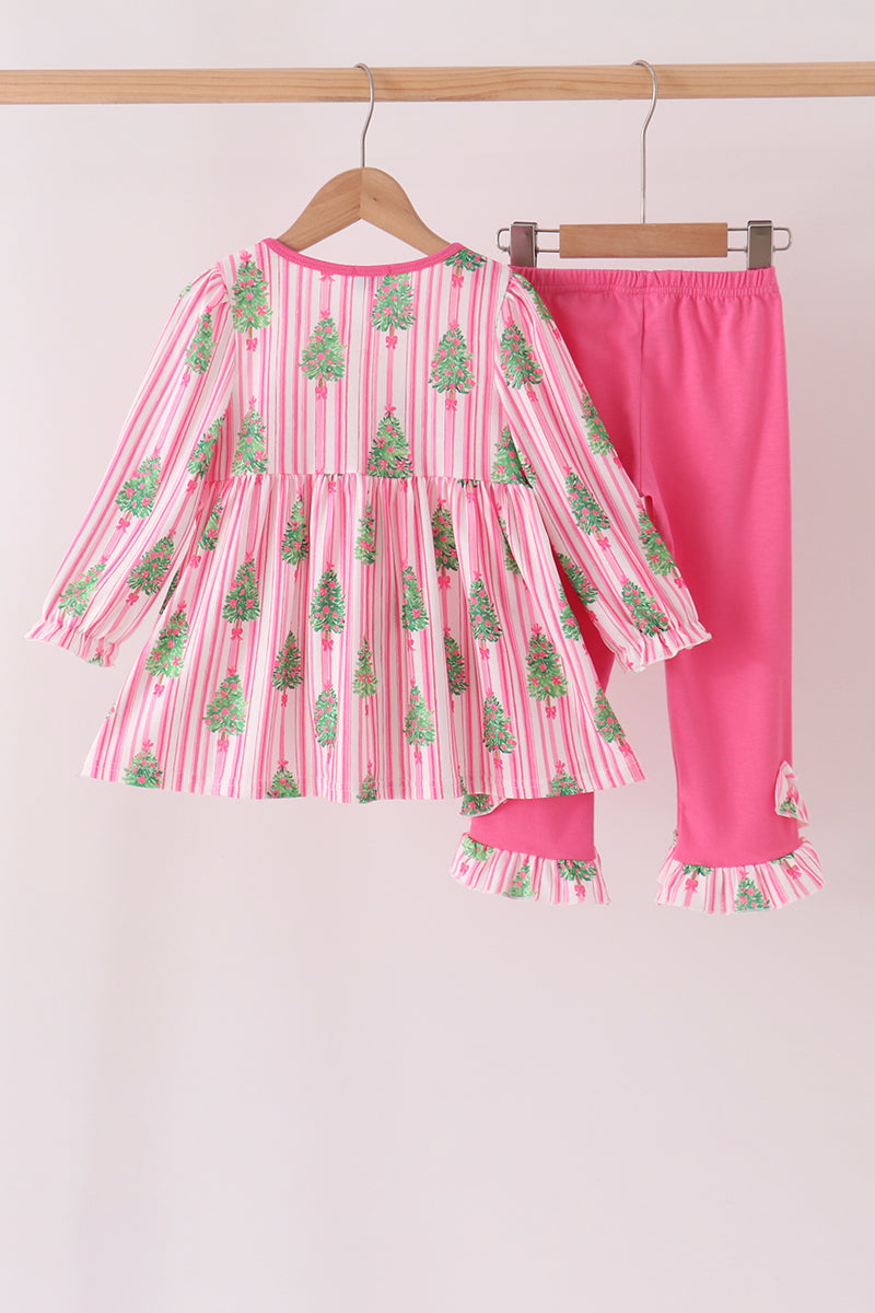 Pink Christmas Tree Embroidery Stripe Pants Set