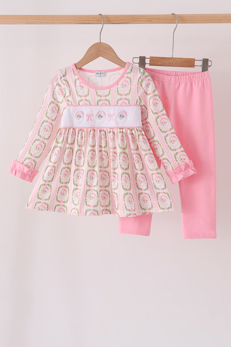 Pink Santa Bow Embroidery Pants Set