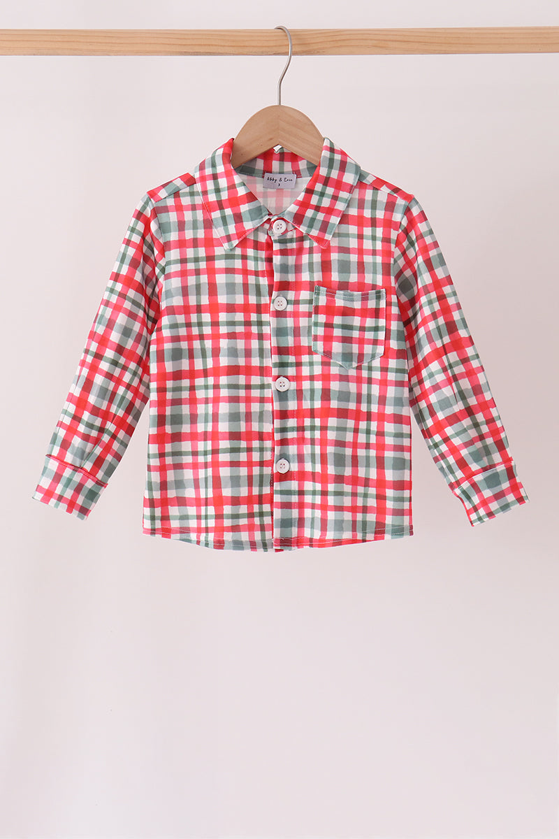 Red plaid pocket button down shirt