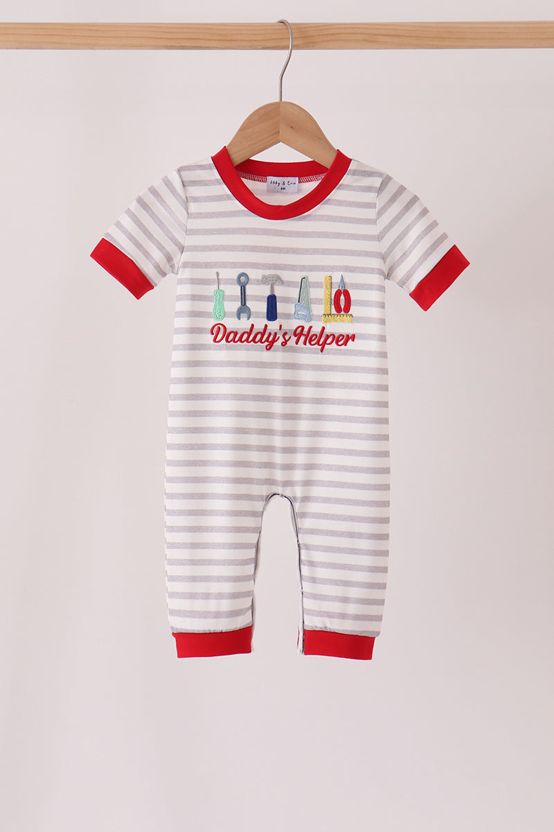 Gray Stripe Daddy's Helper Embroidery Romper