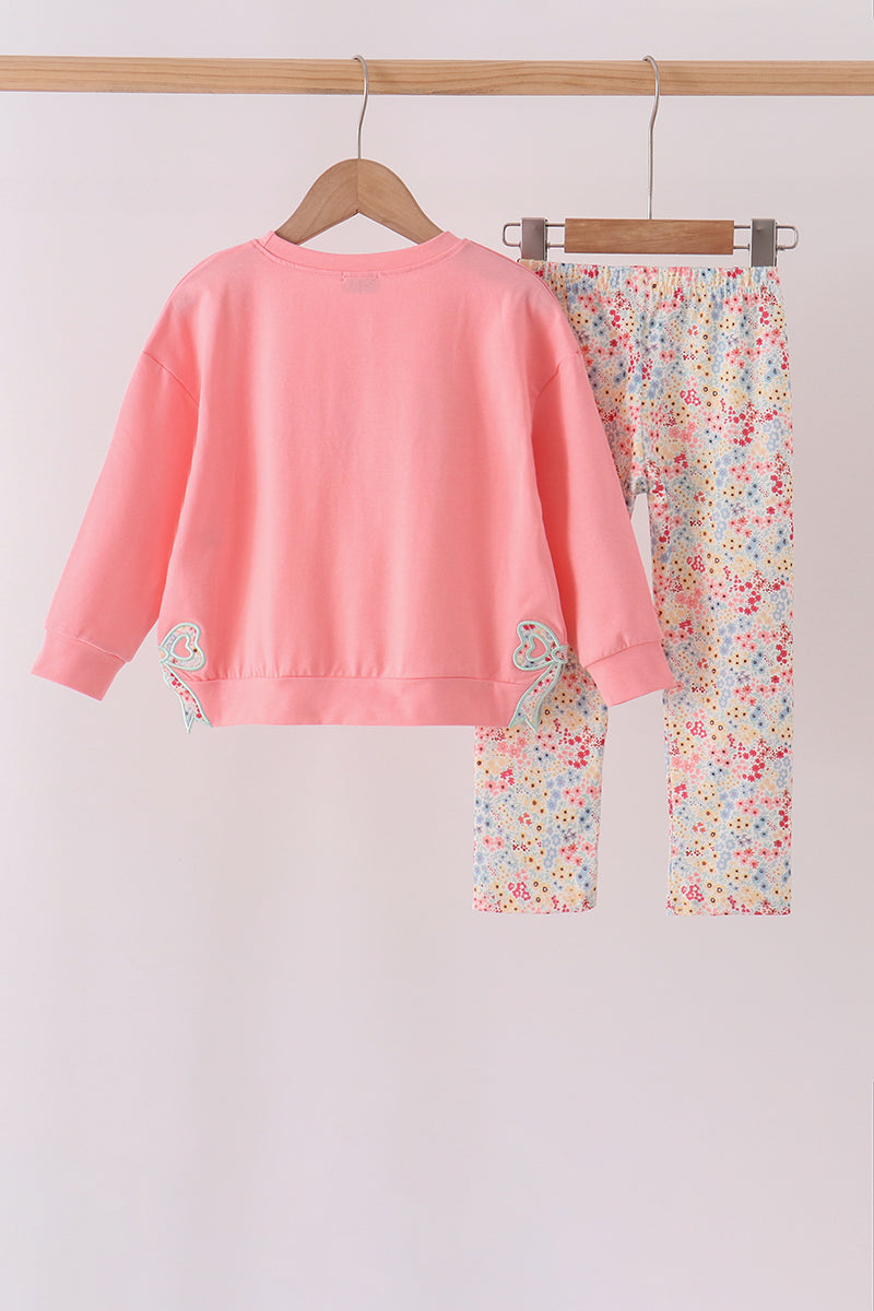 Pink Floral Bow Applique Pants Set