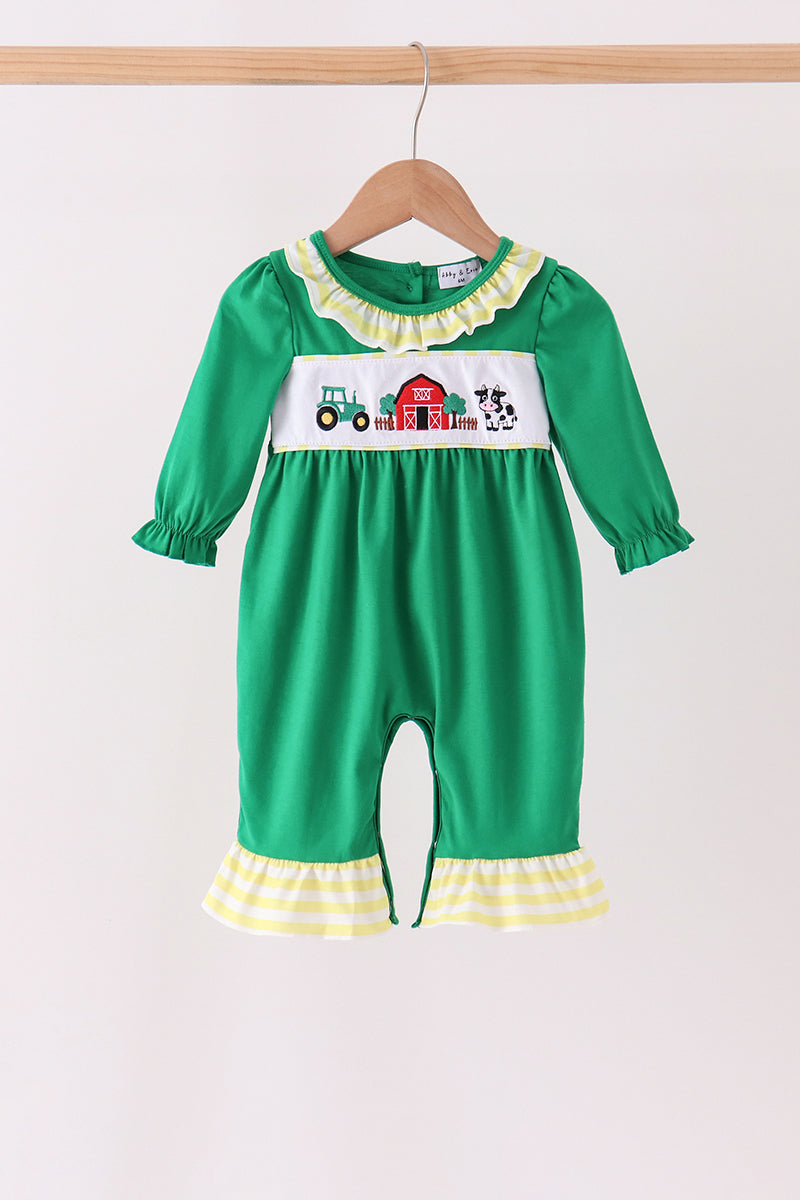 Green Farm Cow Embroidery Ruffle Romper