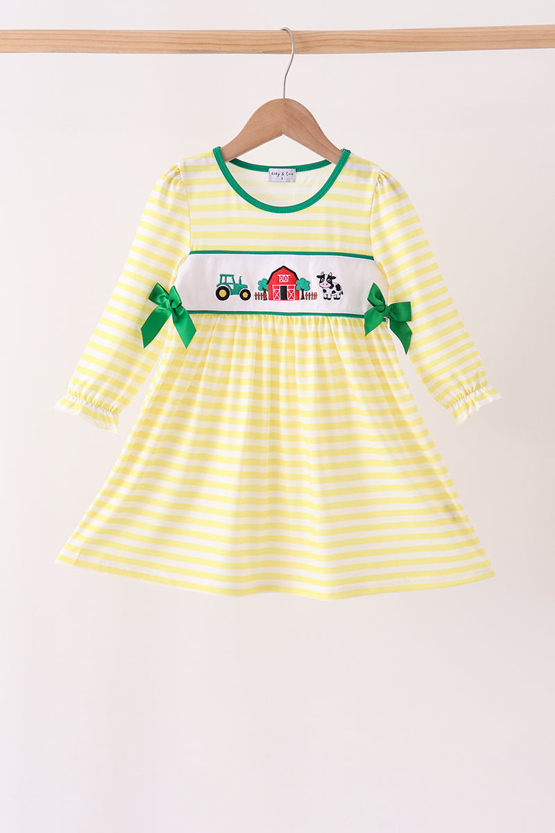 Green Farm Cow Embroidery Stripe Dress