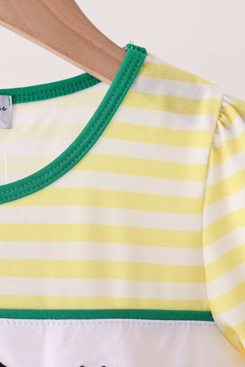 Green Farm Cow Embroidery Stripe Dress