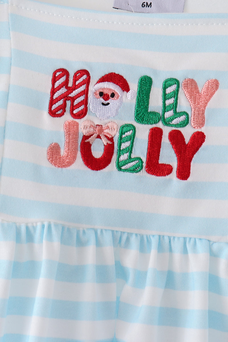 Blue Stripe Holly Jolly Ruffle Bloomer Set