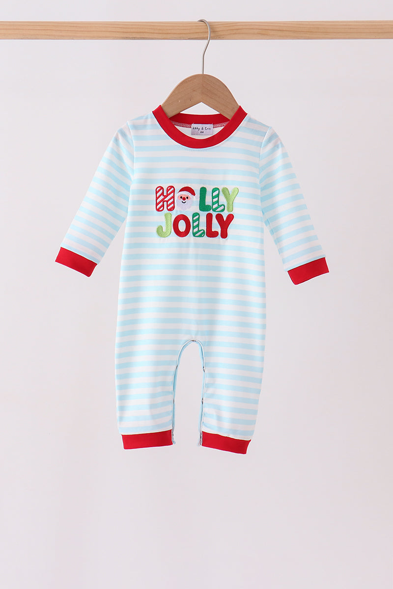 Blue Stripe Holly Jolly Romper