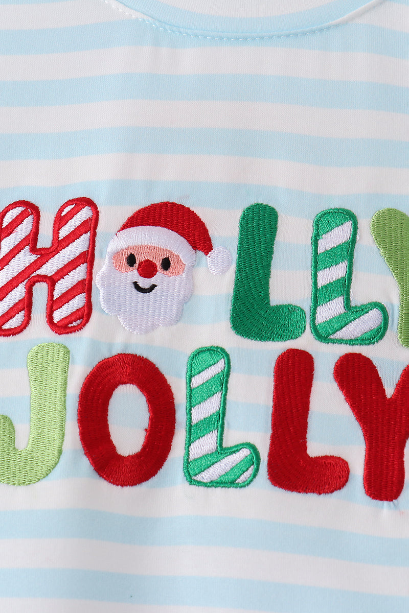 Blue Stripe Holly Jolly Embroidery Pants Set