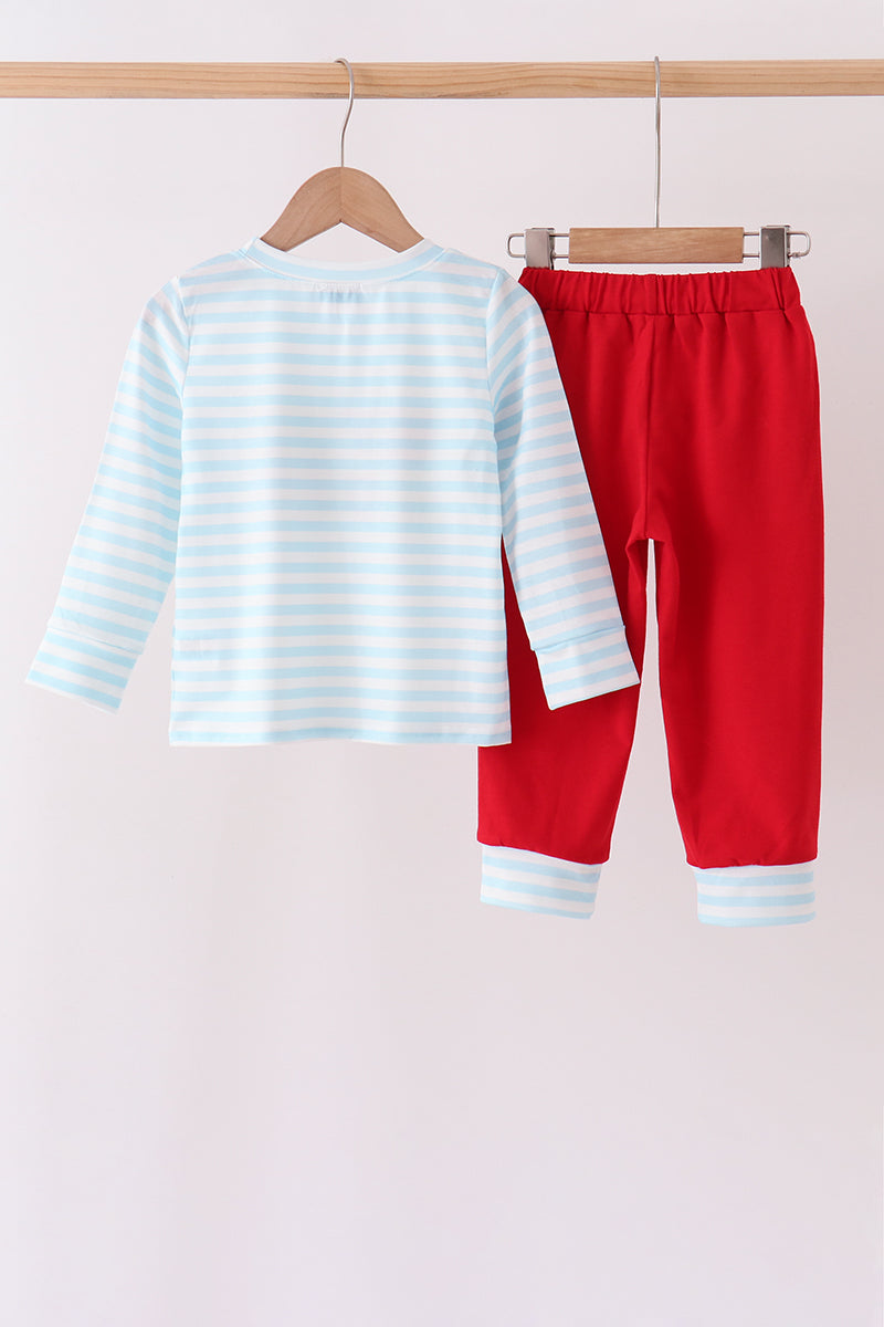 Blue Stripe Holly Jolly Embroidery Pants Set