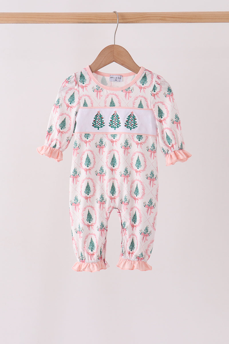 Pink Christmas Tree Embroidery Romper