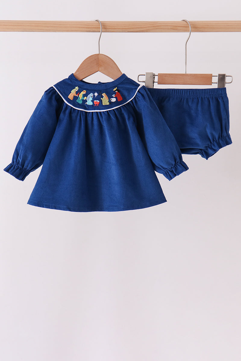 Blue corduroy Nativity Embroidery Bloomer Set