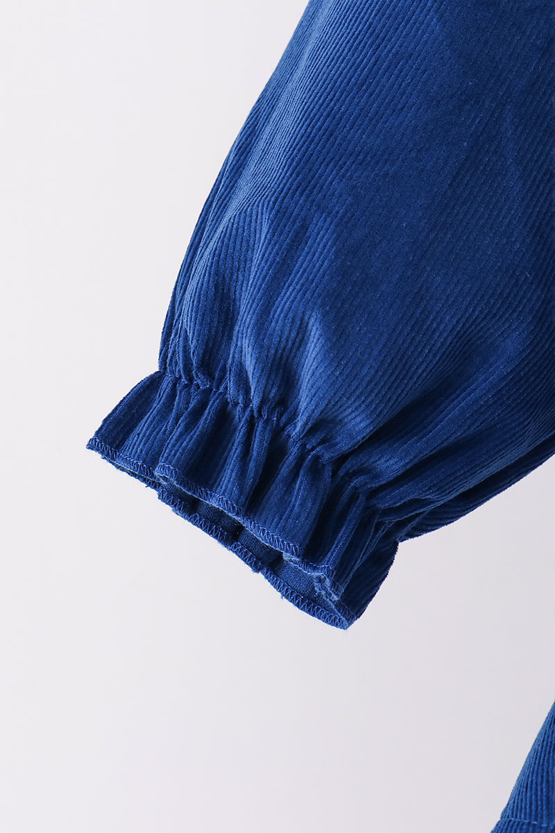 Blue Nativity corduroy Embroidery Ruffle Pants Set