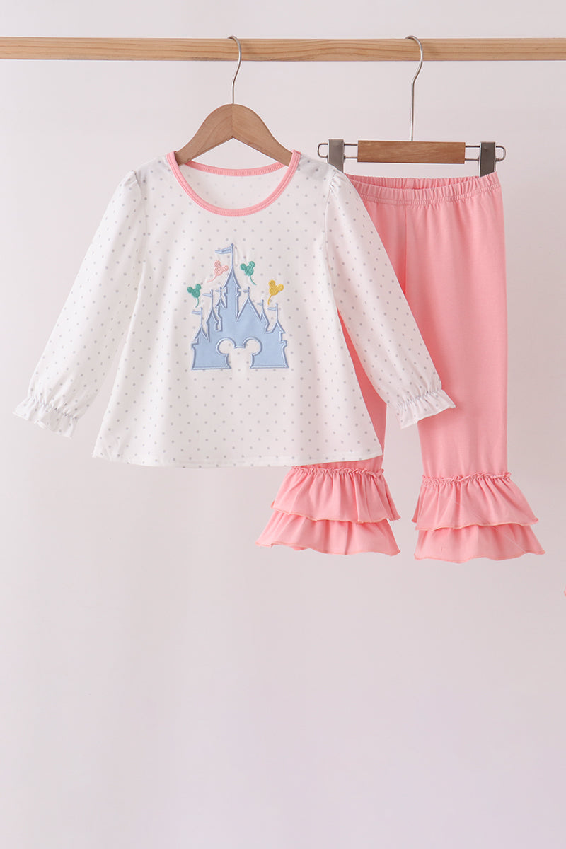 Pink Castle Applique Ruffle Pants Set