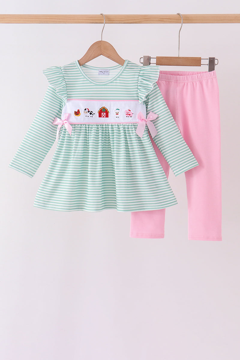 Green Farm Embroidery Stripe Pants Set