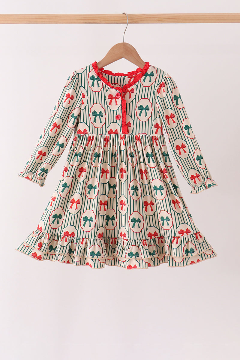 Green Christmas Bow Ruffle Bamboo Dress