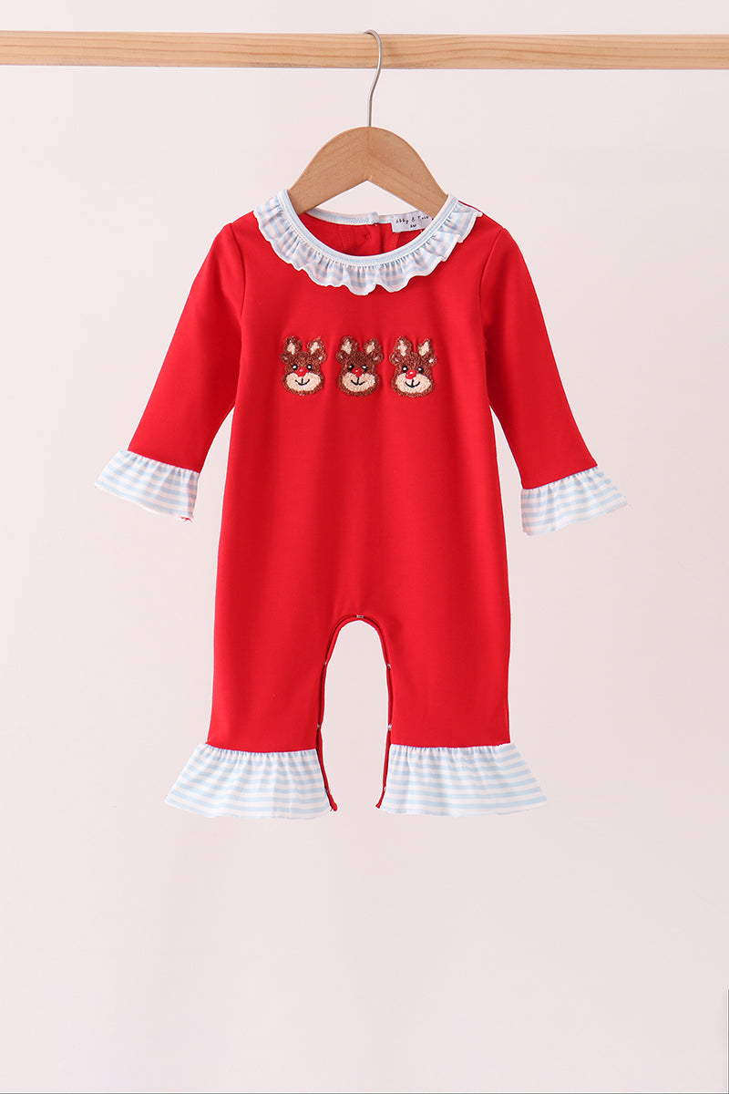 Red Reindeer French Knot Ruffle Romper