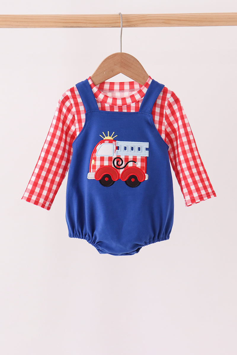 Blue Fire Truck Applique Gingham 2pc Set