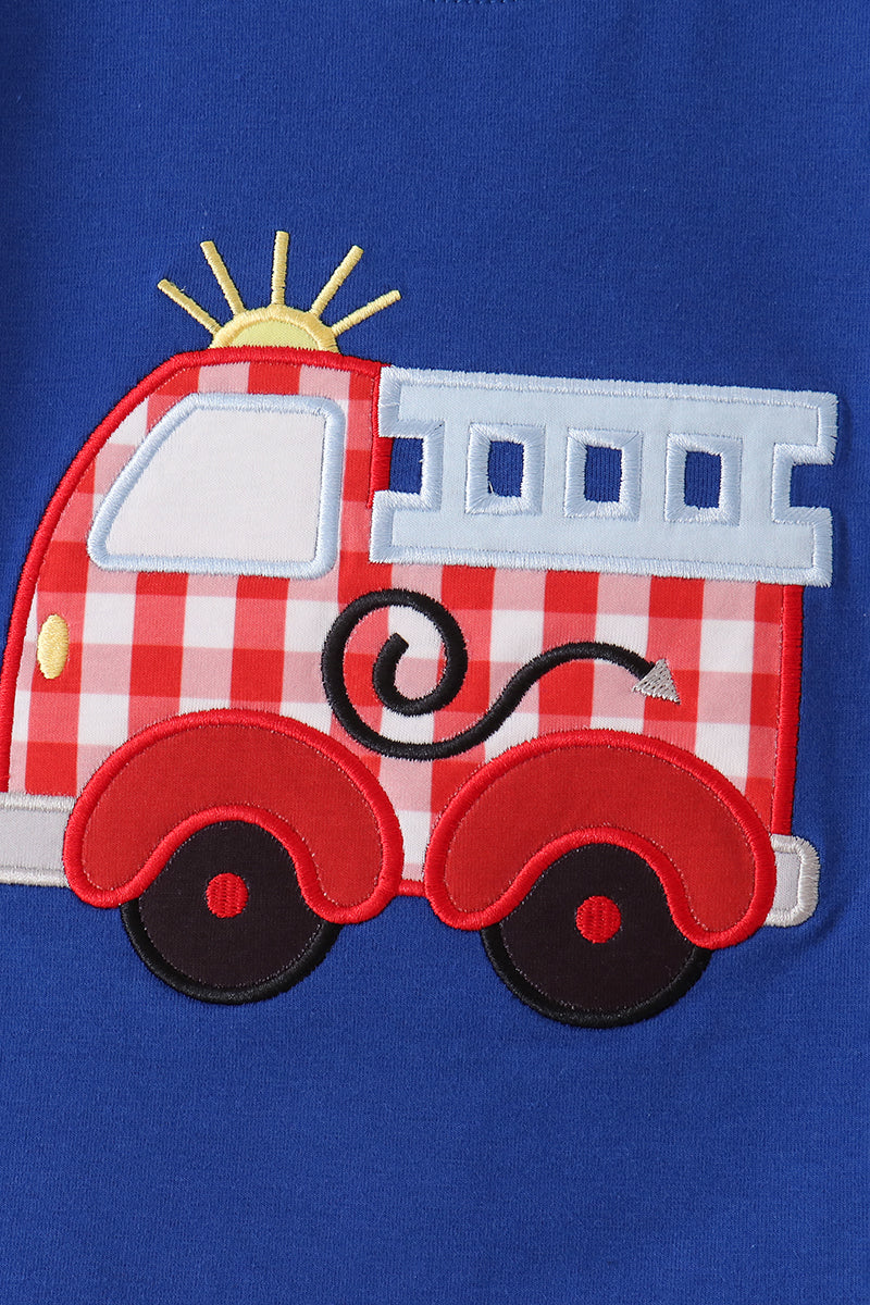 Blue Fire Truck Applique Gingham Pants Set
