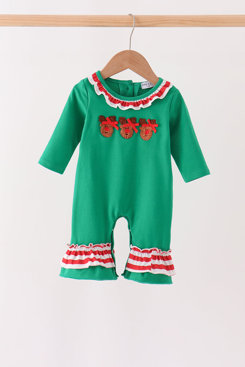 Green Reindeer French Knot Ruffle Romper