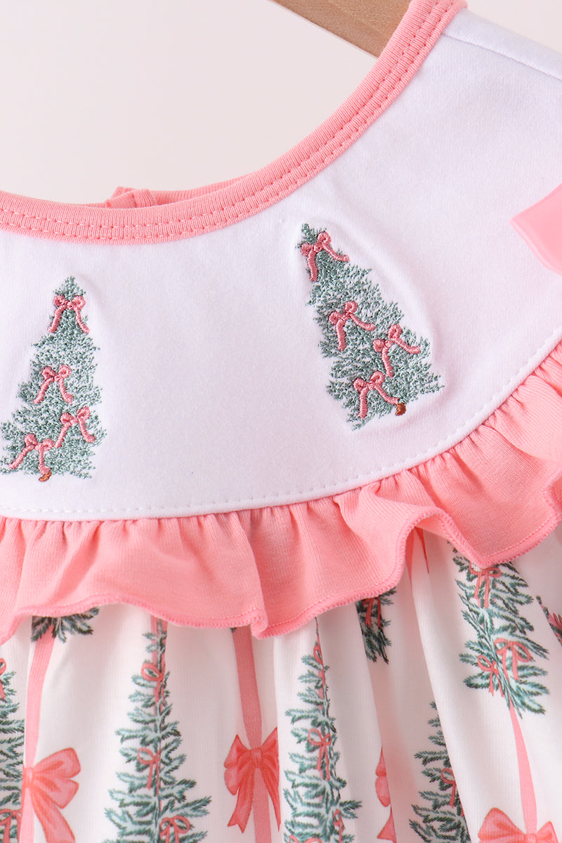 Pink Christmas Tree Embroidery Ruffle Pants Set