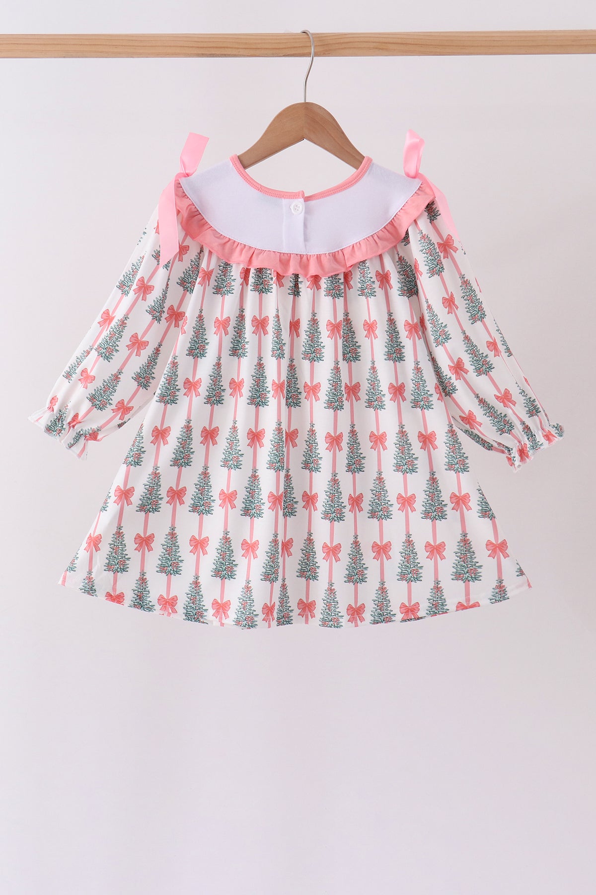Pink Christmas Tree Embroidery Ruffle Dress