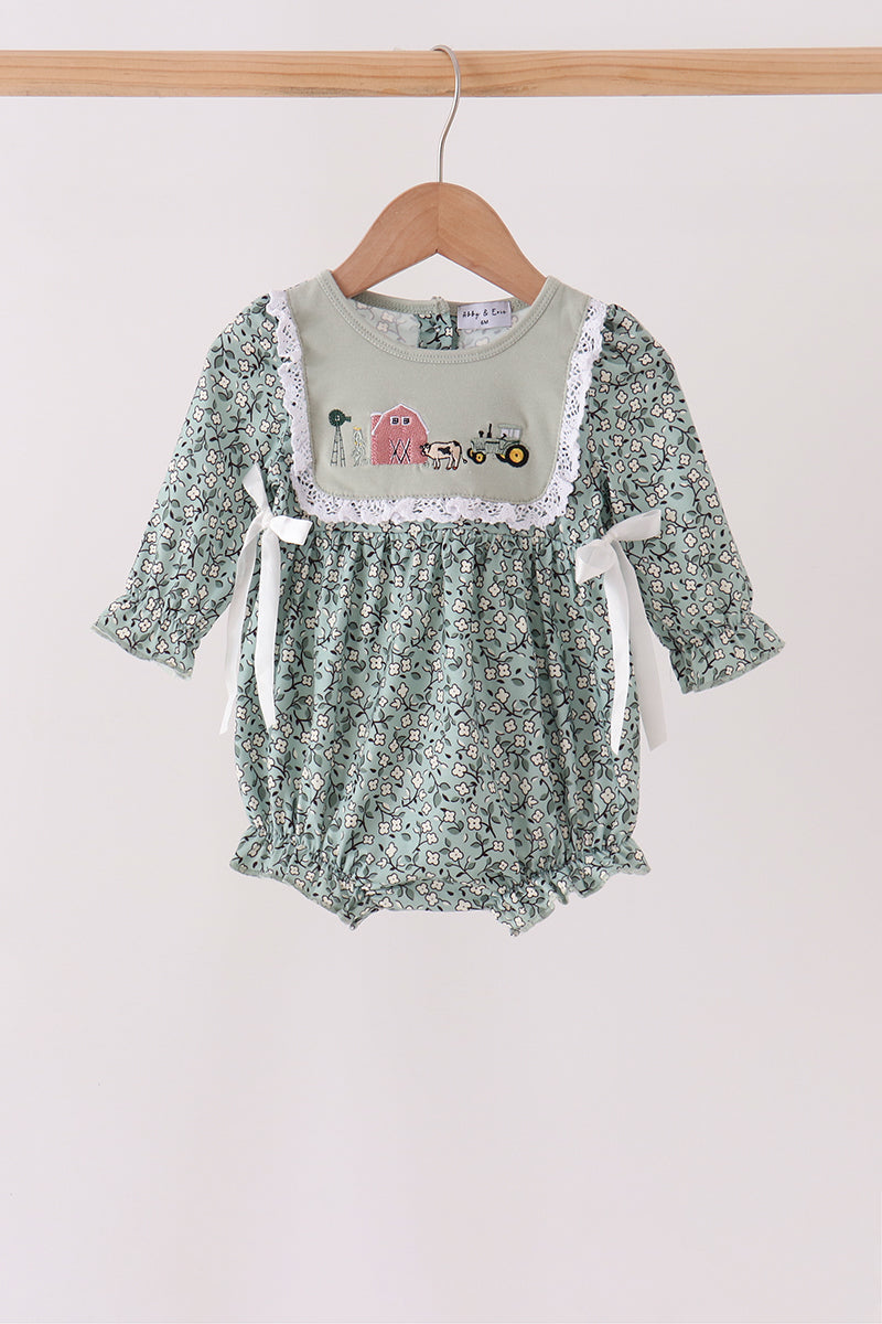 Green Farm Floral Embroidery Ruffle Bubble