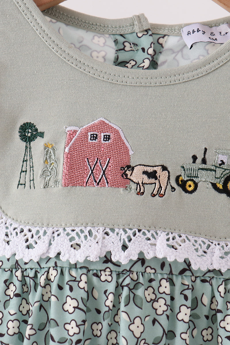 Green Farm Floral Embroidery Ruffle Romper