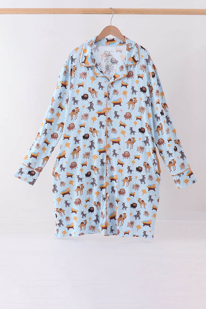 Blue Nativity Ruffle Bamboo Mom Dress