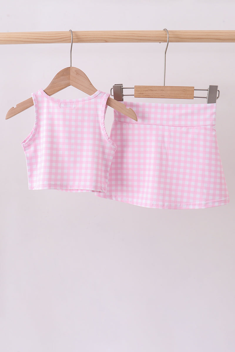 Pink gingham active skorts set