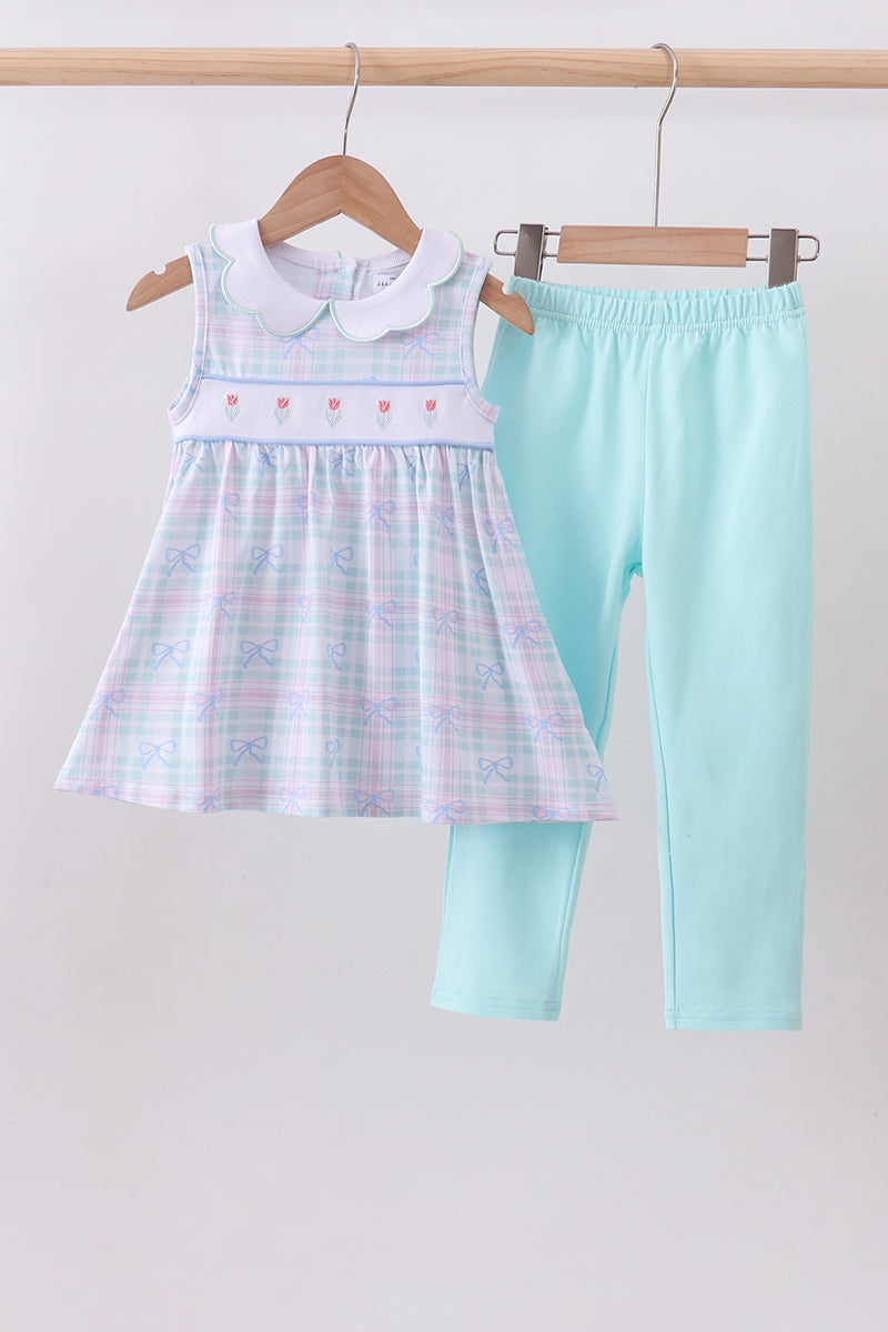 Blue plaid bow floral pants set